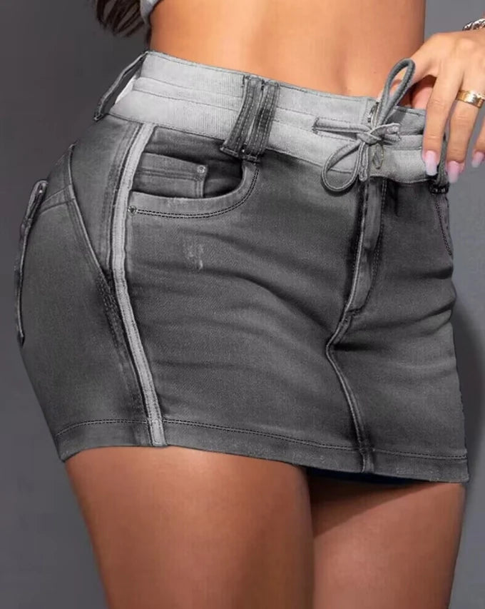 Women's Shorts 2025 Summer Fashion Contrast Binding Ripped Drawstring High Waist Pocket Design Streetwear Casual Denim Skorts