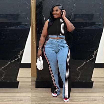 2 Pieces Women's Sets 2025 Spring Summer Denim Sleeveless Suit Tops And Wide Leg Pants Suits Two Piece Set Tracksuit Outfit