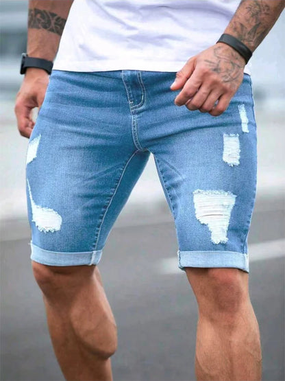 Summer Men's Retro High Waist Denim Shorts Hole-Punched Straight Leg Stretchy Casual Jeans Blue Black American Style Male Pants