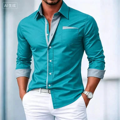 Men's shirt button-down shirt color block casual daily wear navy blue royal blue long sleeve cuffed spring and autumn clothing c