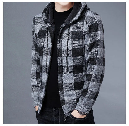 Men Sweater Jacket Fashion Winter Coat Fleece Hoodies High Quality Luxury Checkered Hooded Knit Cardigan Male Outer Wear
