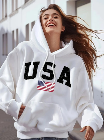 Women's USA Flag Print Hoodie Casual Long Sleeve Hooded Pullover for Fall/Winter with Bold Lettering and American Flag Design