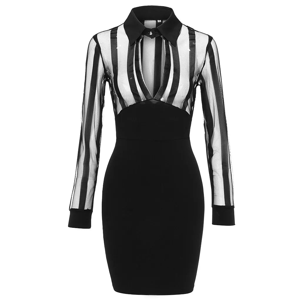 Women Striped Mesh Patchwork Bodycon Dress Long Sleeve Sheer Casual Work Dress Fashion Summer Hollow Dress For Women Elegant