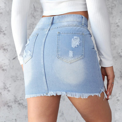 Summer New Women's Denim Skirt Fashion Short Sexy Ripped Raw Edge Jeans Mini A-line Skirt XS-2XL Drop Shipping