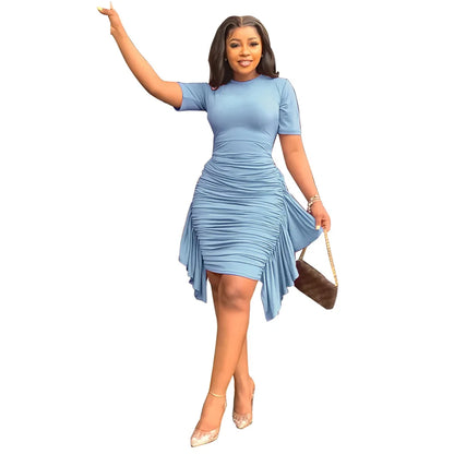 African Dresses for Women Summer Elegant African Short Sleeve O-neck Ruffled Skinny Slim Party Evening Dress African Clothing
