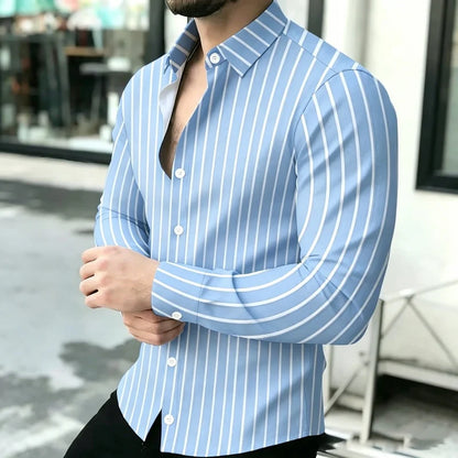 2026 Hot Selling Light Luxury Men's Shirt Striped Shirt Blue and White Vertical Striped Shirt Casual Outdoor Men's Shirt