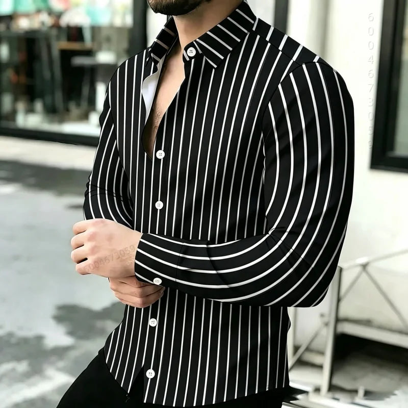 2026 Hot Selling Light Luxury Men's Shirt Striped Shirt Blue and White Vertical Striped Shirt Casual Outdoor Men's Shirt