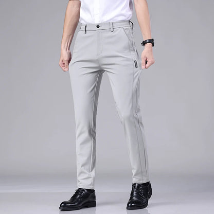 Ultra-thin Elastic Men's Casual Trousers Summer Quick-drying Ice Silk Slim Straight Business Solid Color Trousers Black Gray