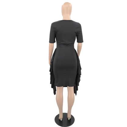 African Dresses for Women Summer Elegant African Short Sleeve O-neck Ruffled Skinny Slim Party Evening Dress African Clothing