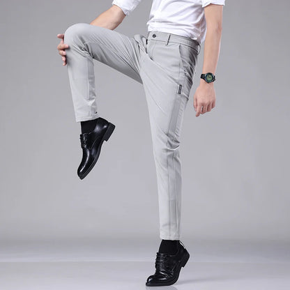 Ultra-thin Elastic Men's Casual Trousers Summer Quick-drying Ice Silk Slim Straight Business Solid Color Trousers Black Gray