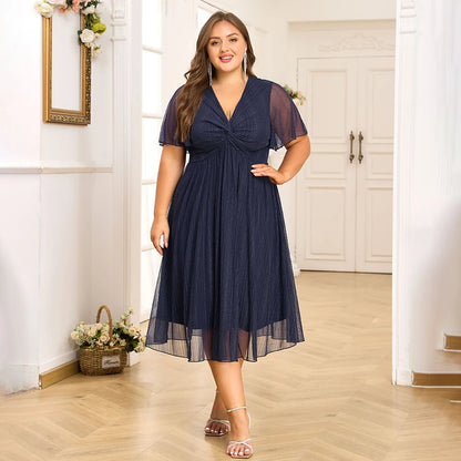 Plus Size Women's V-Neck Solid Dresses Elegant Evening Party Dress Prom Female Large Size Bridesmaid Dresses 2XL 3XL 4XL 5XL 6XL