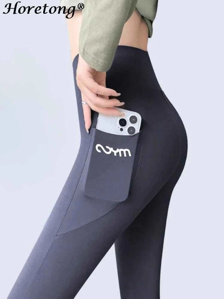 Horetong Women Sports Pants With Pocket High Waist Fitness Running Casual Streetwear Trousers Female Tight Workout Gym Clothing