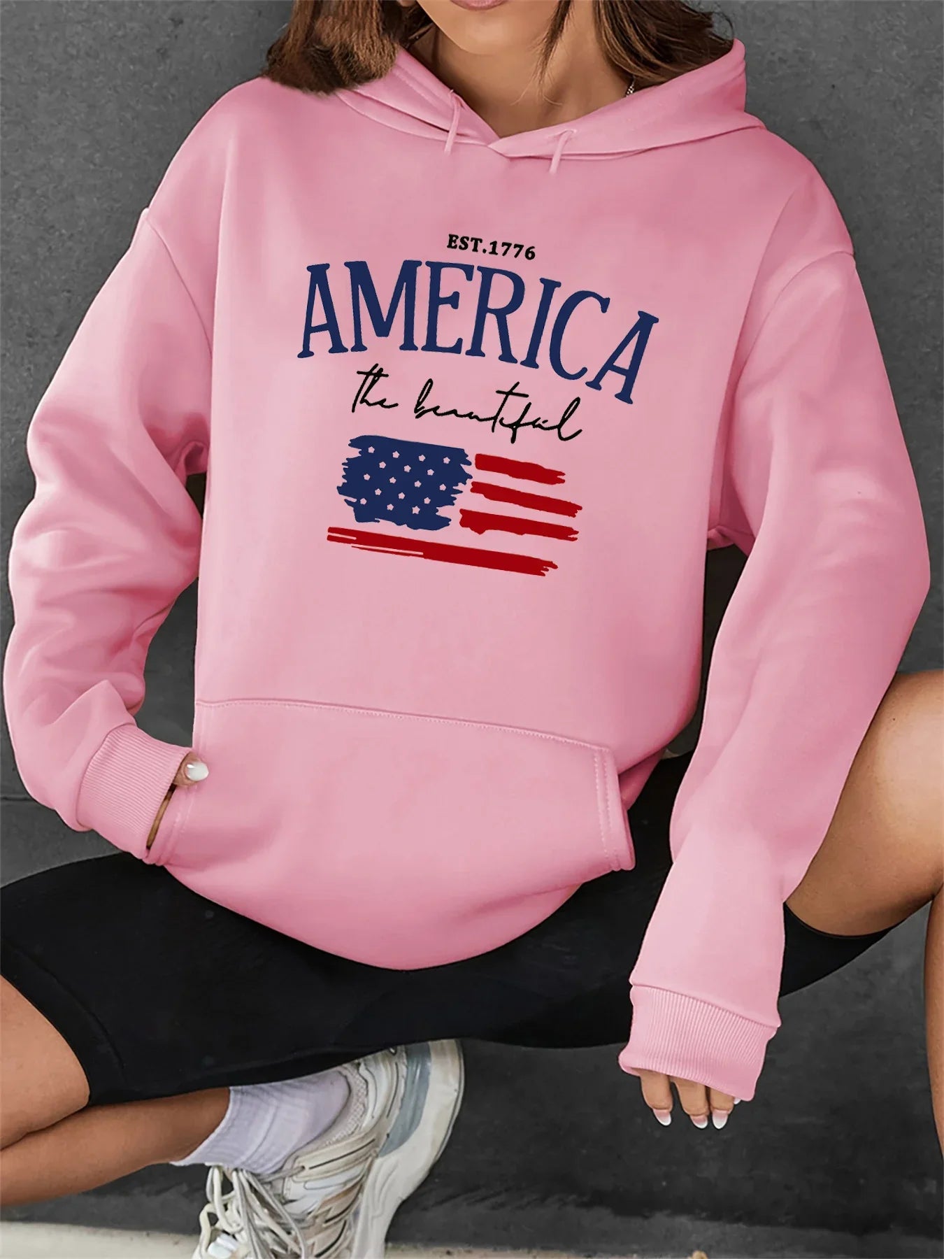 Women's Autumn and Winter Warm and Loose Casual American Flag Pattern Printed Suede Long Sleeved Hooded Sweatshirt Clothing
