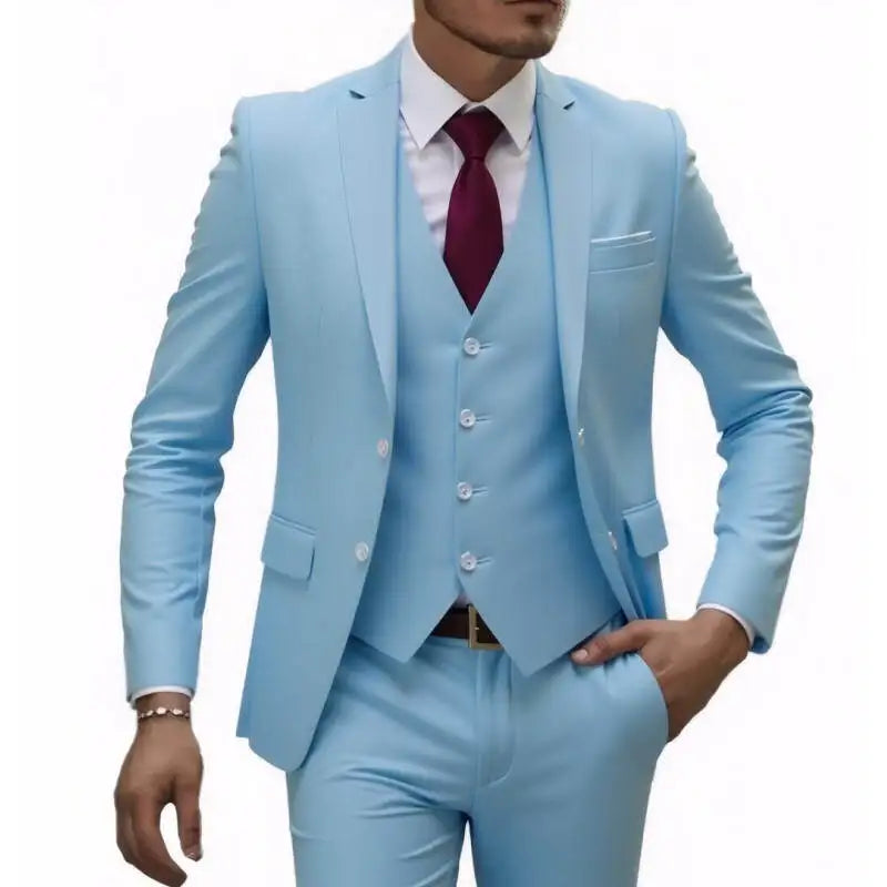 US Size Suit (Blazer+ Waistcoat + Trousers) Men Fashionable Business British Style Solid-color Banquet Host Casual Wedding Suit
