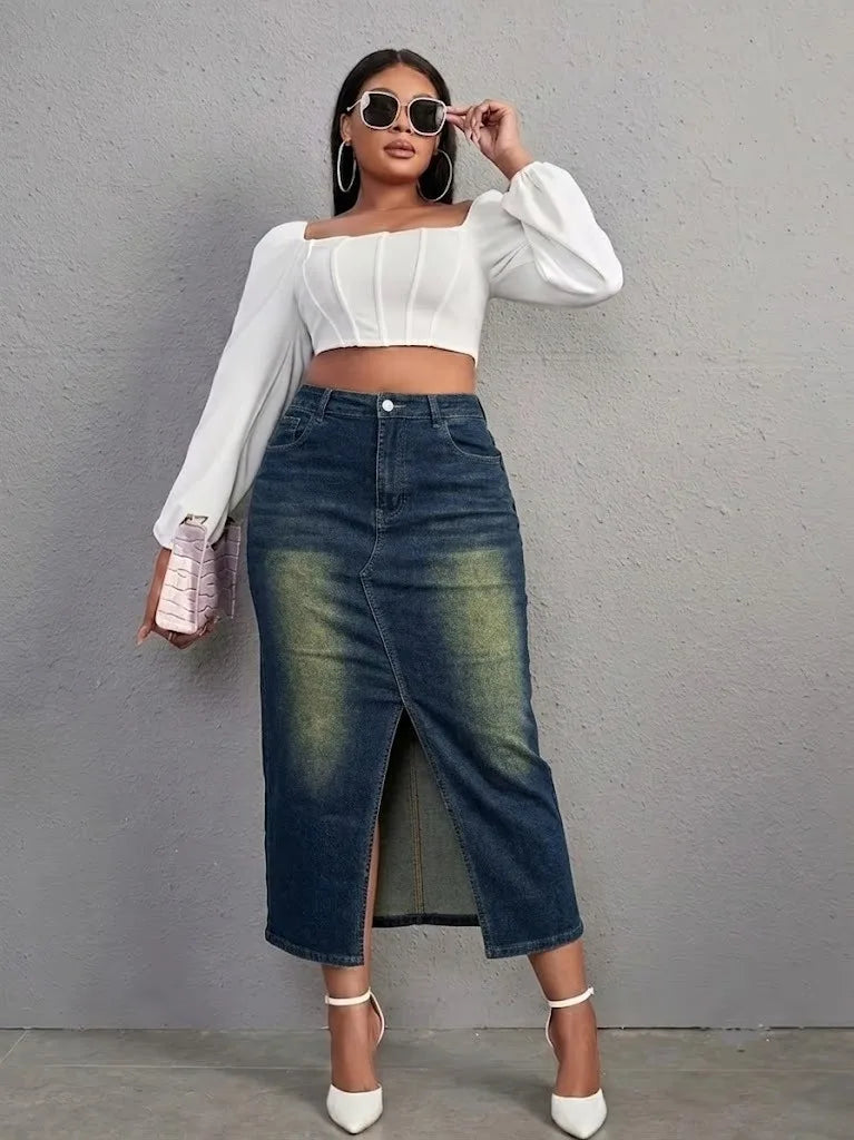 Benuynffy Plus Size High Waist Front Split Denim Midi Skirt Women's New Fashion Vintage Streetwear Washed Bodycon Jean Skirts
