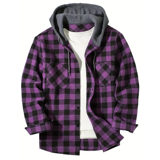 Men's Classic Plaid Button-Down Hoodie Shirt
