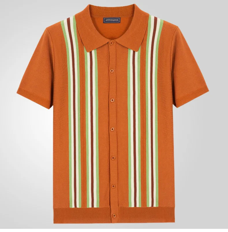 Men Striped Polo Shirts Single Breasted Tees Cardigan Knitted Short Sleeve Shirt Business Loose Tops Summer 2025 Buttons