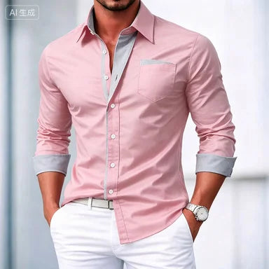 Men's shirt button-down shirt color block casual daily wear navy blue royal blue long sleeve cuffed spring and autumn clothing c