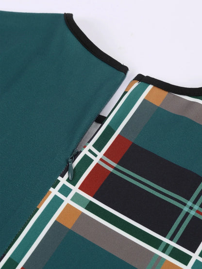 Women's Dress Plaid Patchwork Green Round Neck Tight Dress, No Belt