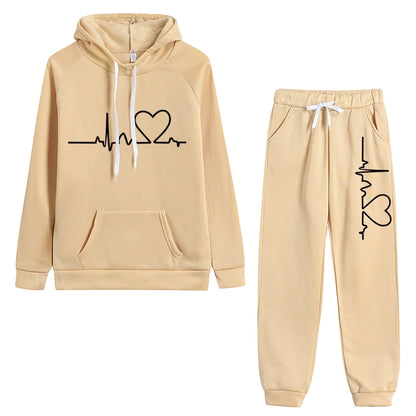 Womens Tracksuit Heart Printing Hooded Sweatshirts Suit Gym Jogging Clothing Autumn Winter Fleece Warm Popular Casual Pants Sets
