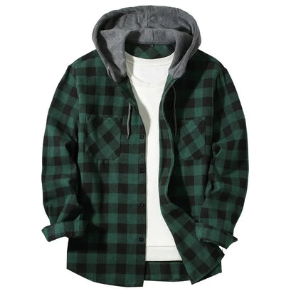 Men's Classic Plaid Button-Down Hoodie Shirt