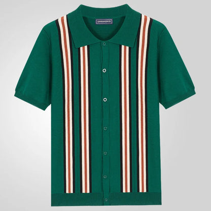 Men Striped Polo Shirts Single Breasted Tees Cardigan Knitted Short Sleeve Shirt Business Loose Tops Summer 2025 Buttons