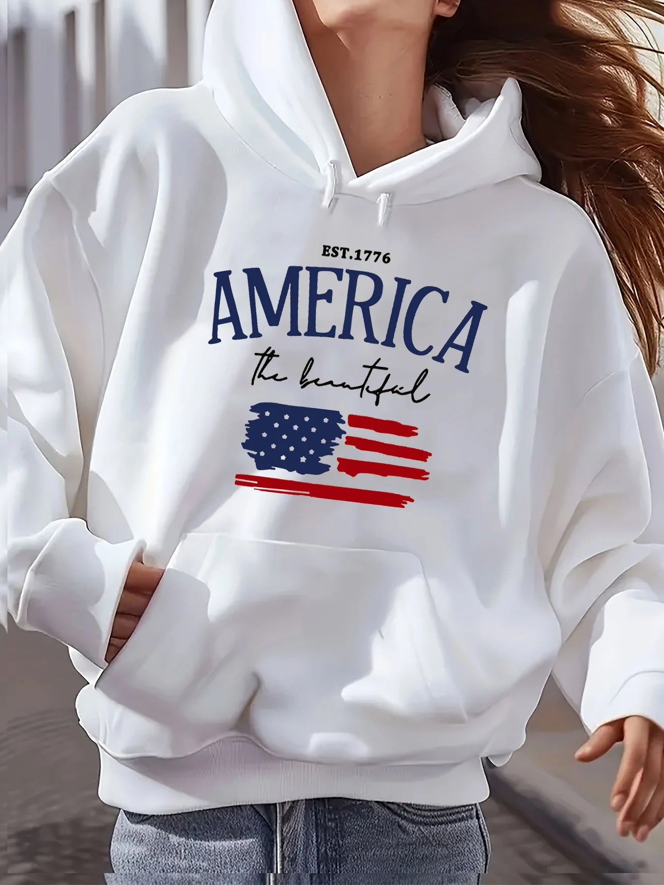 Women's Autumn and Winter Warm and Loose Casual American Flag Pattern Printed Suede Long Sleeved Hooded Sweatshirt Clothing
