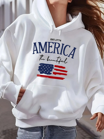 Women's Autumn and Winter Warm and Loose Casual American Flag Pattern Printed Suede Long Sleeved Hooded Sweatshirt Clothing