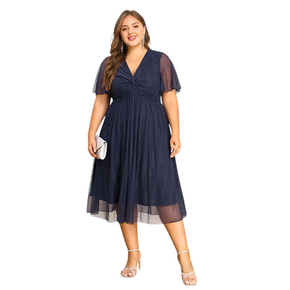 Plus Size Women's V-Neck Solid Dresses Elegant Evening Party Dress Prom Female Large Size Bridesmaid Dresses 2XL 3XL 4XL 5XL 6XL
