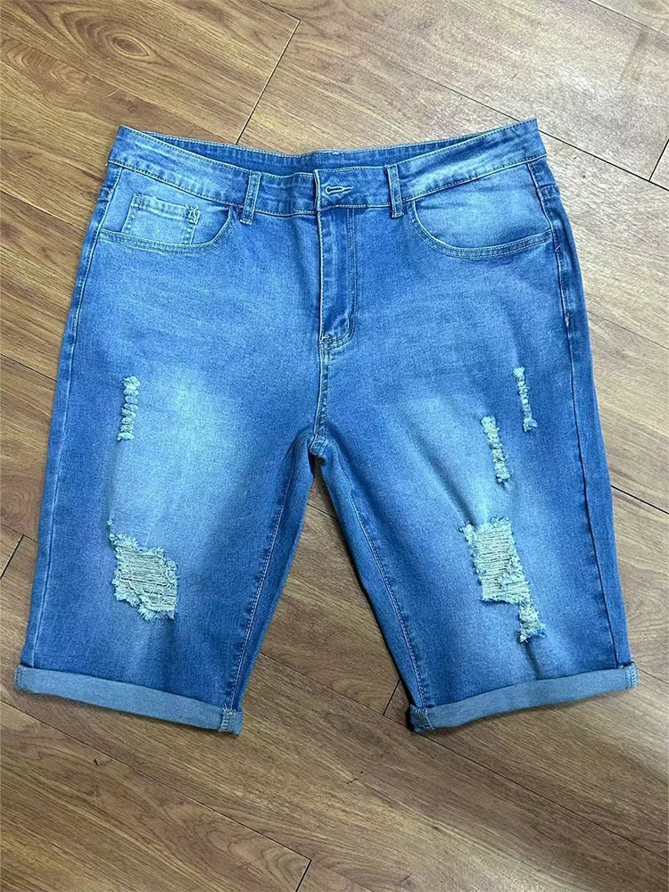 Summer Men's Retro High Waist Denim Shorts Hole-Punched Straight Leg Stretchy Casual Jeans Blue Black American Style Male Pants