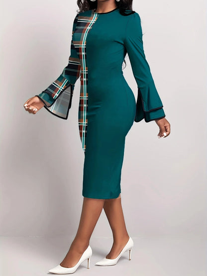 Women's Dress Plaid Patchwork Green Round Neck Tight Dress, No Belt