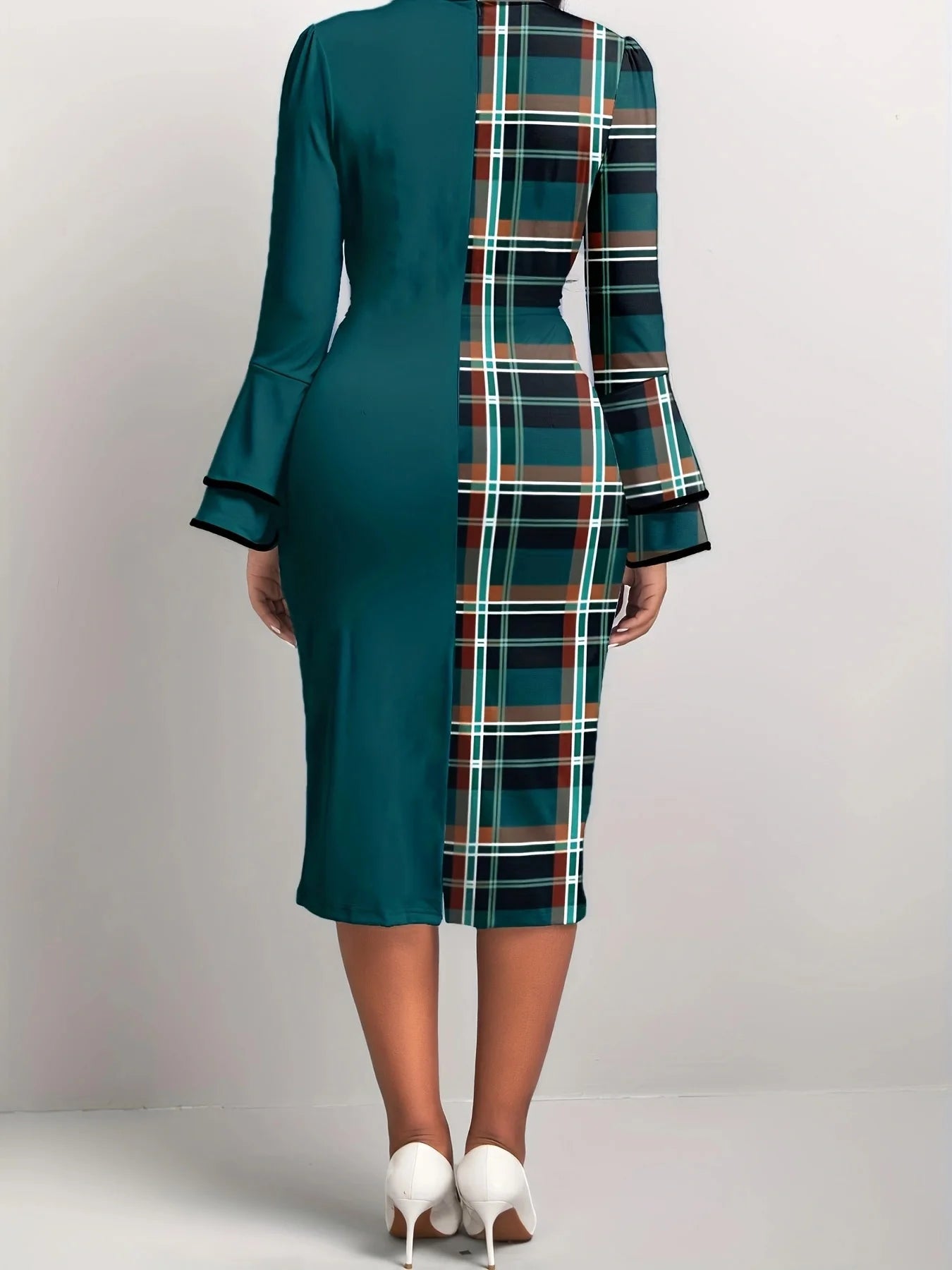 Women's Dress Plaid Patchwork Green Round Neck Tight Dress, No Belt