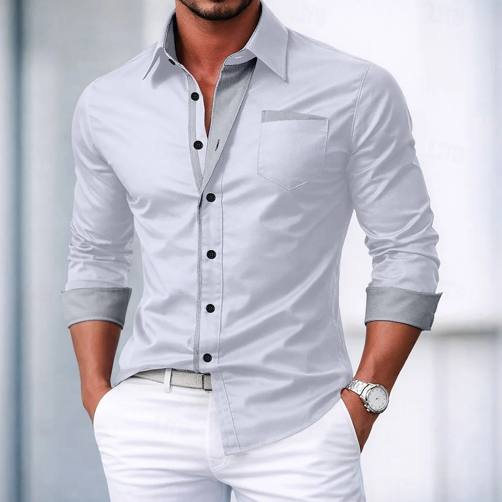 Men's shirt button-down shirt color block casual daily wear navy blue royal blue long sleeve cuffed spring and autumn clothing c