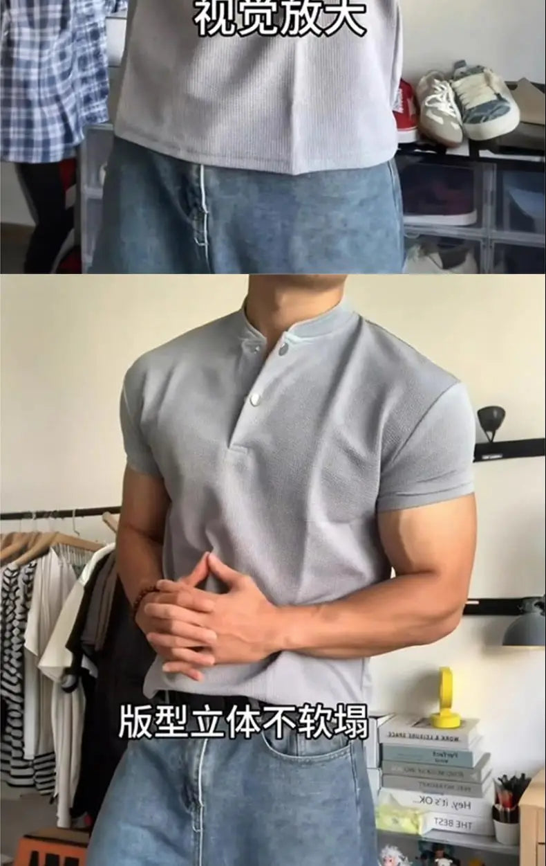 Short-sleeved T-shirt for Men Summer American-style Sports Fitness Regular Shoulder Muscle-revealing Three-quarter Sleeve