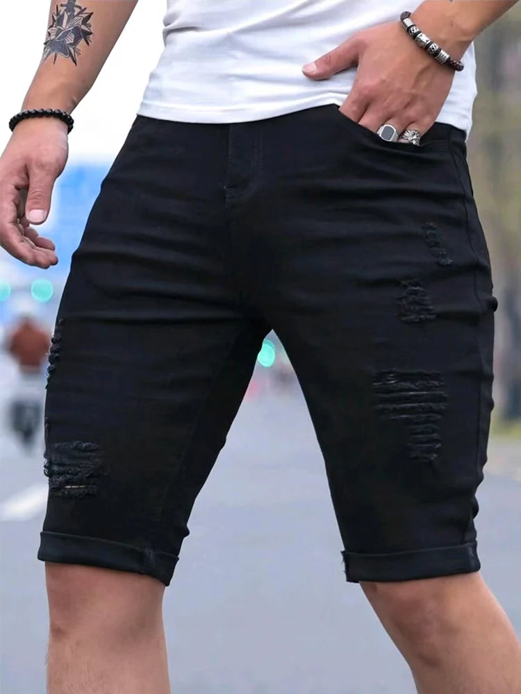 Summer Men's Retro High Waist Denim Shorts Hole-Punched Straight Leg Stretchy Casual Jeans Blue Black American Style Male Pants