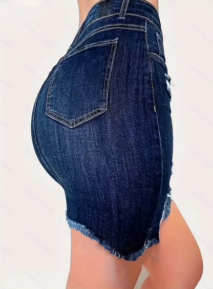 Dark Blue Ripped, Frayed-Edge, Bodycon Denim Skirt