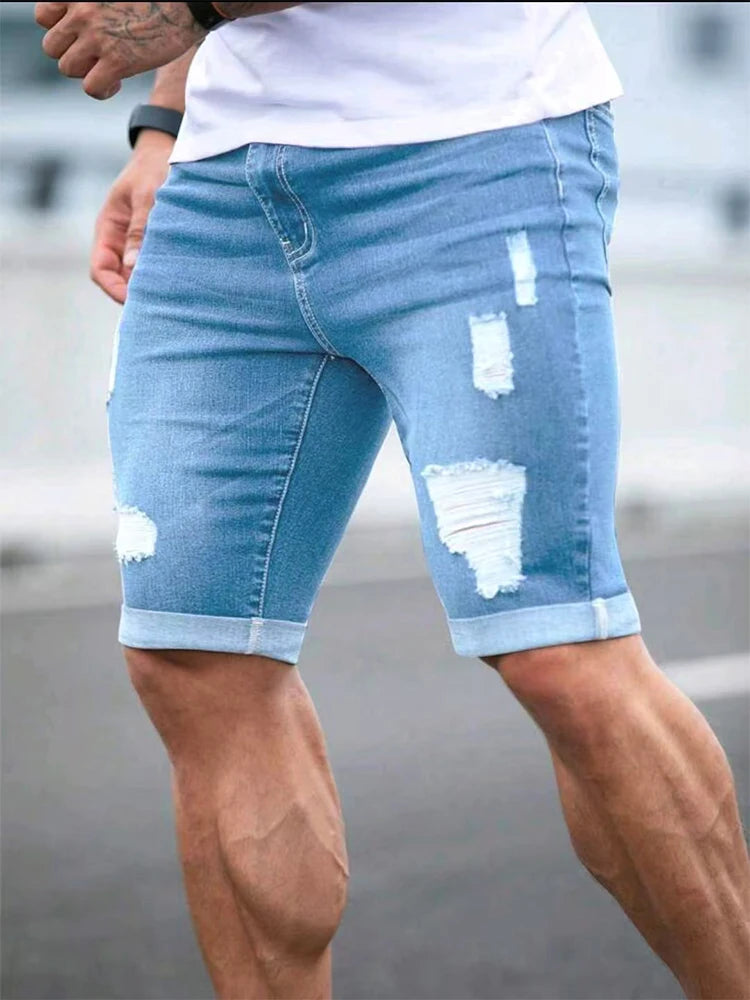 Summer Men's Retro High Waist Denim Shorts Hole-Punched Straight Leg Stretchy Casual Jeans Blue Black American Style Male Pants