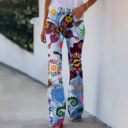 Jeans For Women High Waist Cargo Pants Bootcut Distressed Flared Denim Print Pants Flower Print Faux Denim Jeans Джинсы Женский