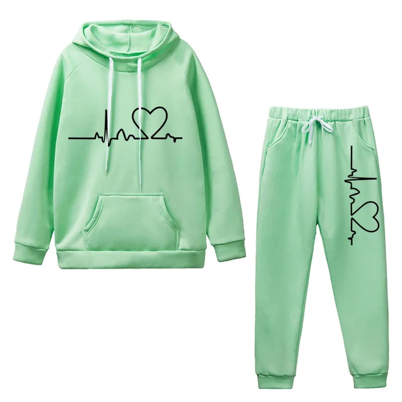 Womens Tracksuit Heart Printing Hooded Sweatshirts Suit Gym Jogging Clothing Autumn Winter Fleece Warm Popular Casual Pants Sets