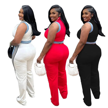 2 Pieces Women's Sets 2025 Spring Summer Denim Sleeveless Suit Tops And Wide Leg Pants Suits Two Piece Set Tracksuit Outfit