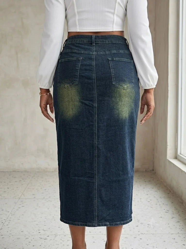 Benuynffy Plus Size High Waist Front Split Denim Midi Skirt Women's New Fashion Vintage Streetwear Washed Bodycon Jean Skirts