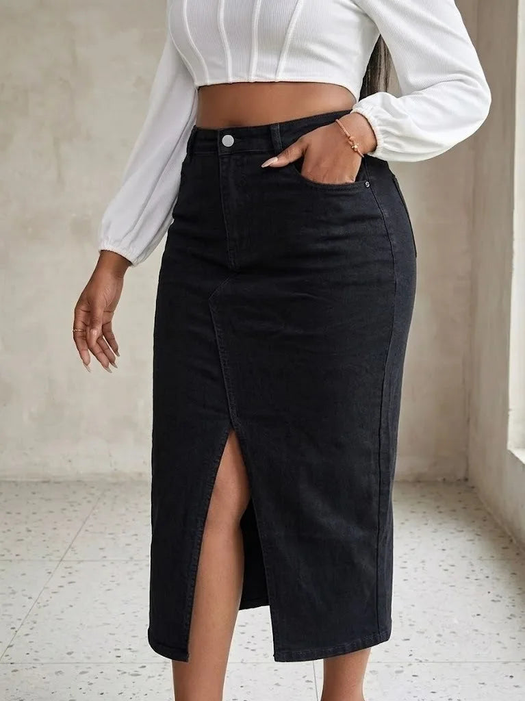 Benuynffy Plus Size High Waist Front Split Denim Midi Skirt Women's New Fashion Vintage Streetwear Washed Bodycon Jean Skirts