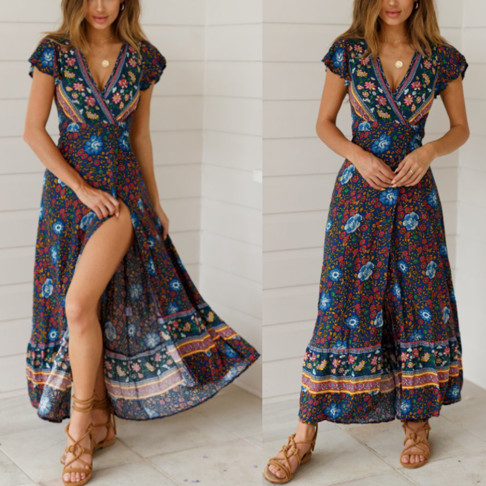 Floral V-Neck Wrap Maxi Dress