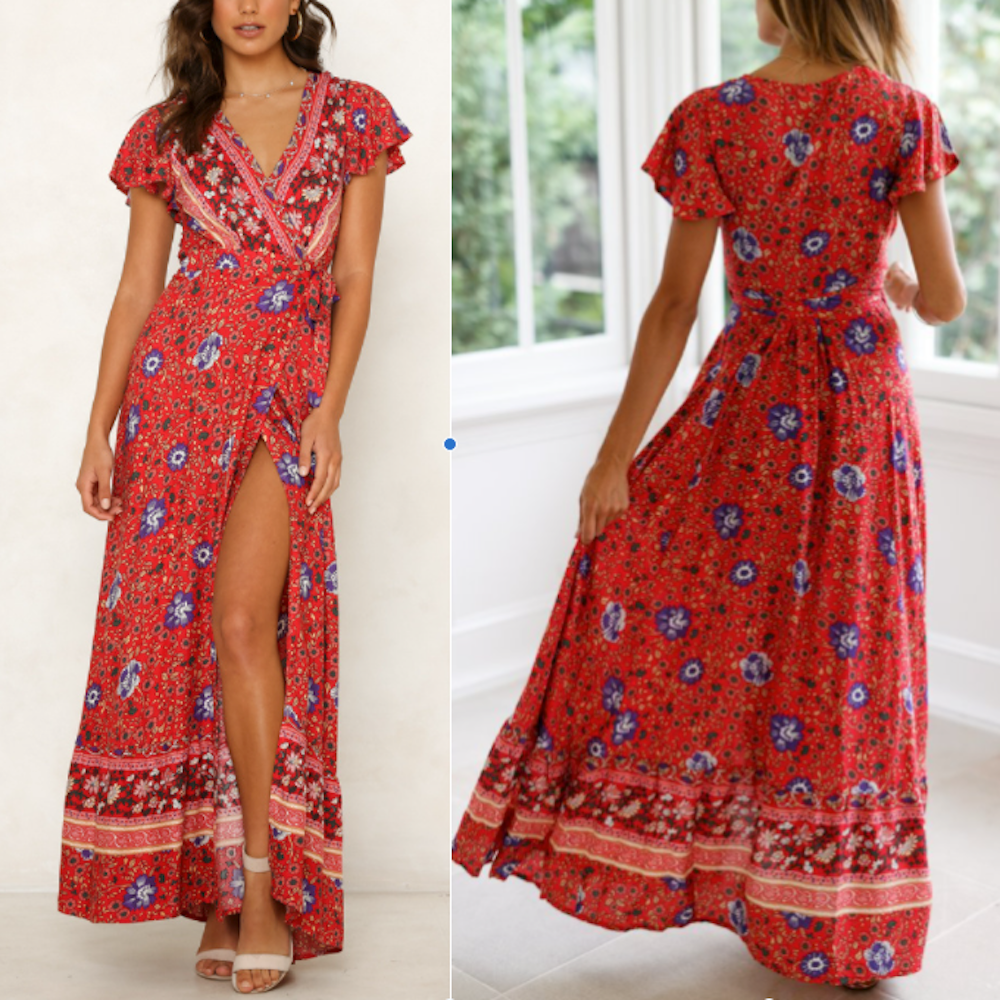 Floral V-Neck Wrap Maxi Dress