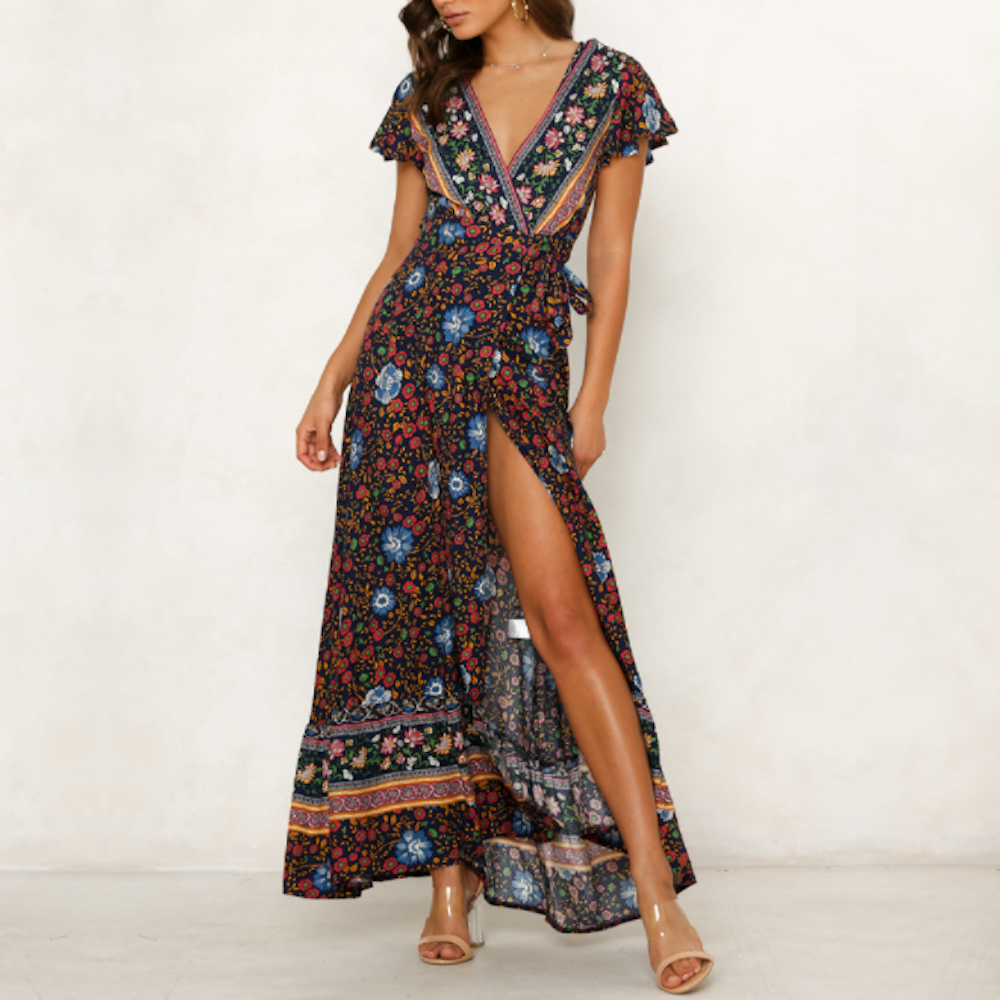 Floral V-Neck Wrap Maxi Dress