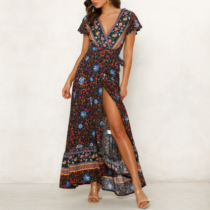 Floral V-Neck Wrap Maxi Dress