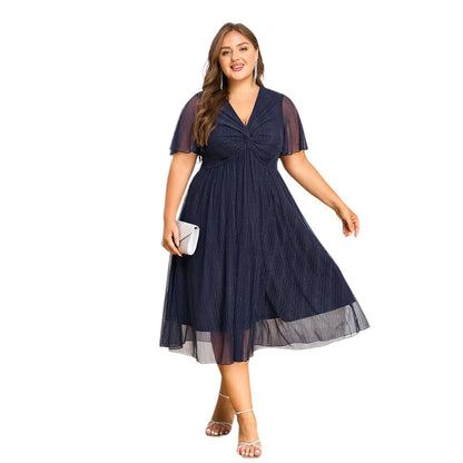 Plus Size Women's V-Neck Solid Dresses Elegant Evening Party Dress Prom Female Large Size Bridesmaid Dresses 2XL 3XL 4XL 5XL 6XL