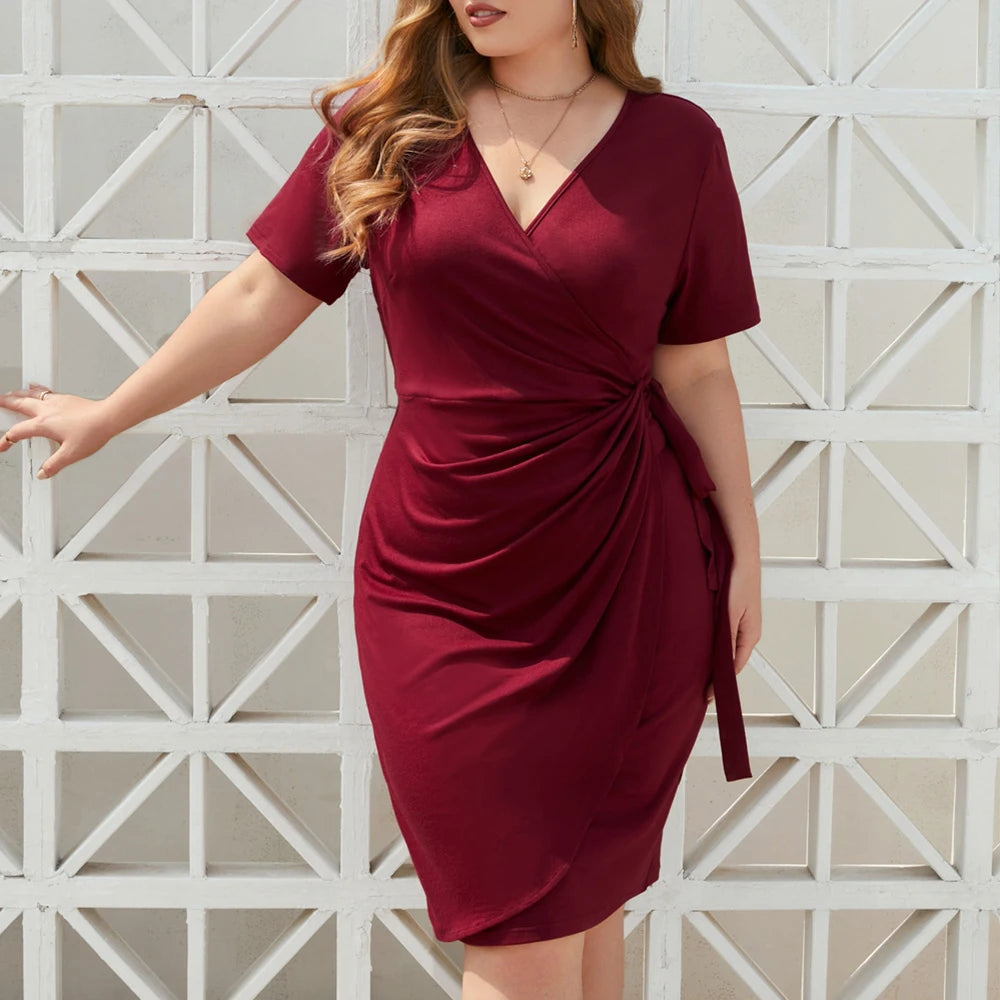 Women Short Sleeved Summer Holiday Dress Casual Solid Color Plus Size Chic Elegant Dresses Large Size Female Midi Dress