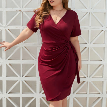 Women Short Sleeved Summer Holiday Dress Casual Solid Color Plus Size Chic Elegant Dresses Large Size Female Midi Dress