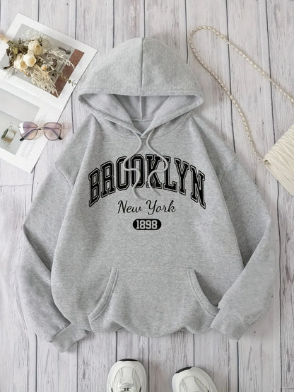 Brooklyn New York 1898 Hoodie Sweatshirt - Casual Polyester Hooded Pullover with Drawstring Alphabet Pattern